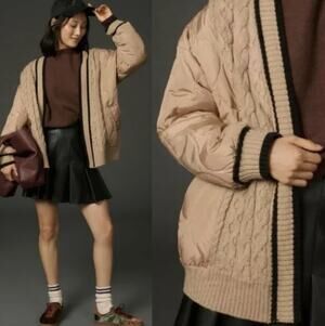 ANTHROPOLOGIE Quilted Cabled Knit Varsity Kimono Jacket Tan Black One Size {E1}